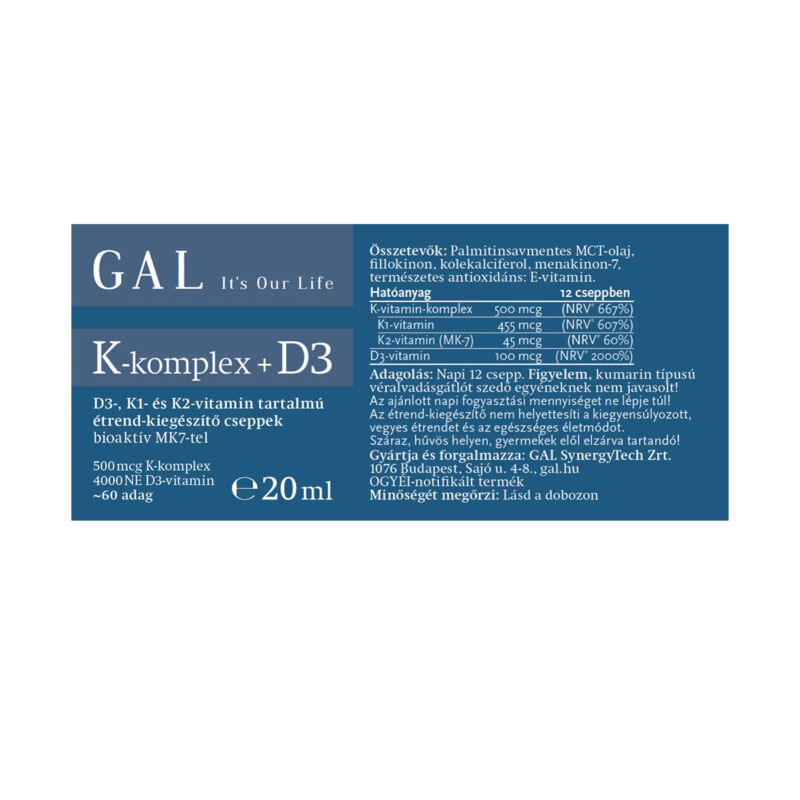 GAL K-komplex +D3 vitamin, 500 mcg K-komplex + 4000 NE D3 x 60 adag